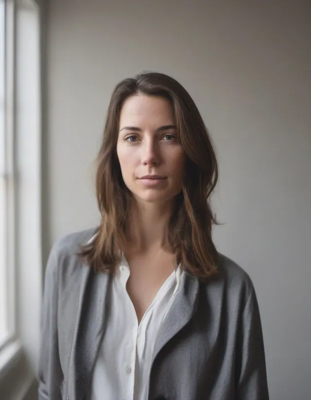 Femme aux cheveux bruns, chemise blanche et gilet gris, près d'une fenêtre, fond gris.