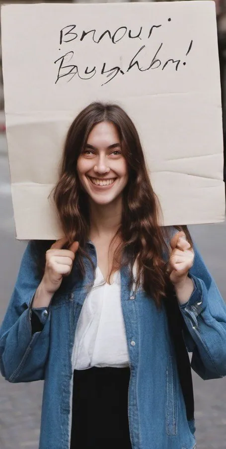 Femme souriante en veste en jean sous un grand carton qui flotte au-dessus de sa tête ; on lit « Brnour » puis un mot illisible.