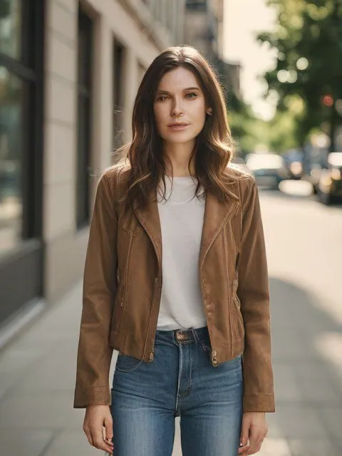 Femme en veste camel, t-shirt blanc et jean sur un trottoir, coupée aux cuisses.