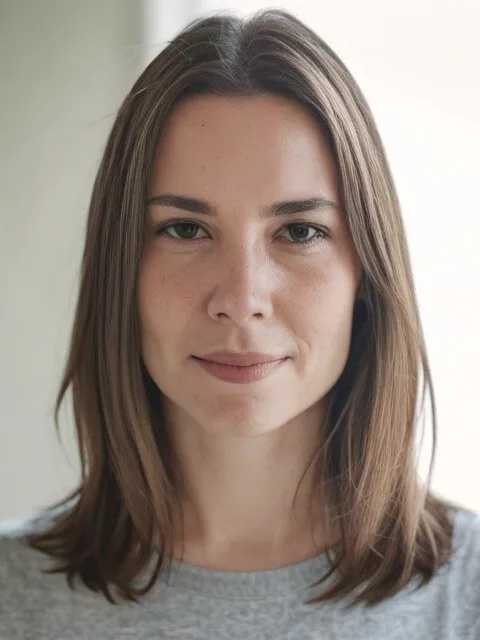 Portrait de face d'une femme aux cheveux châtains lisses, pull gris, fond clair.