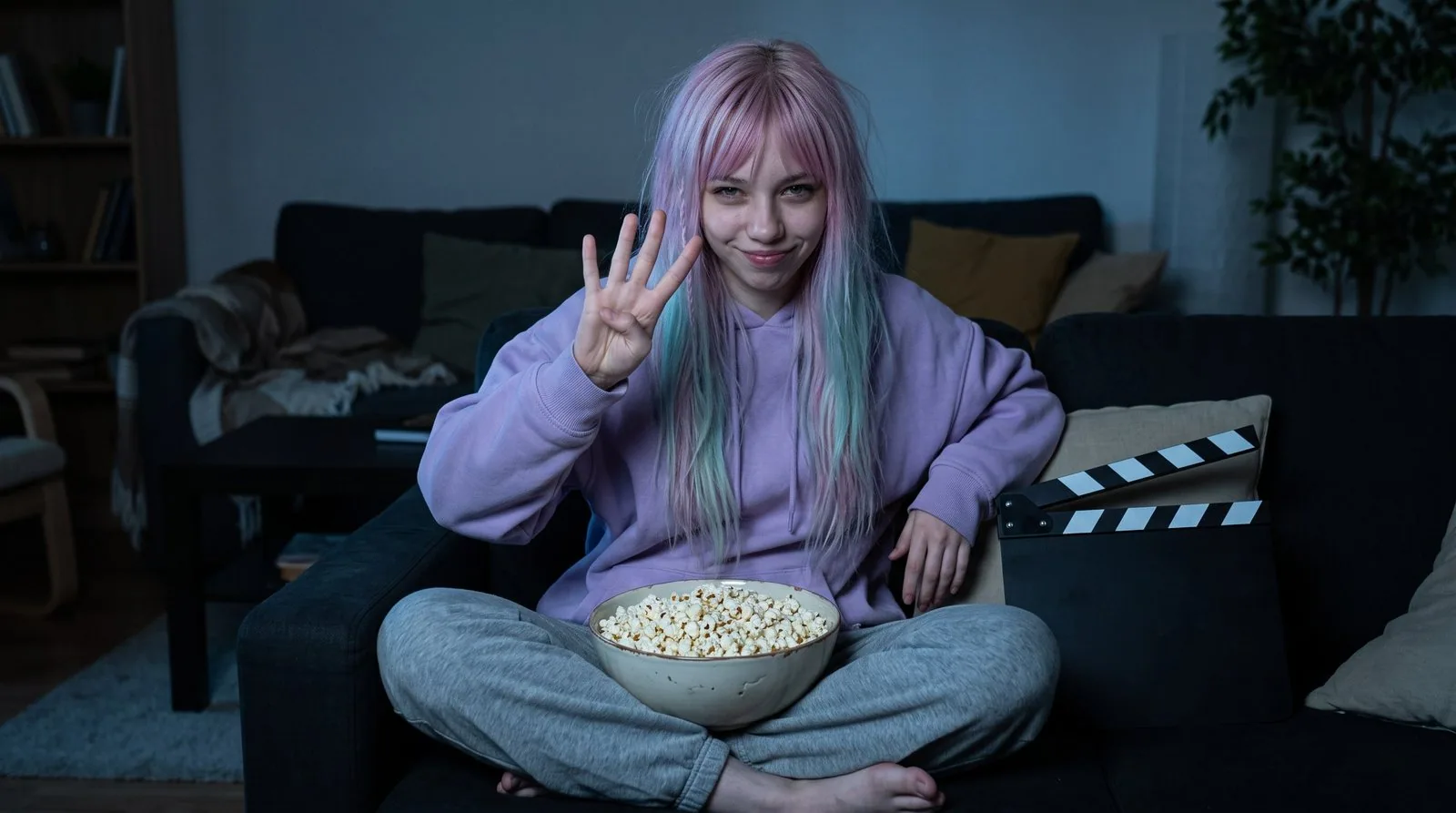Illustration : Milky, longs cheveux rose pastel aux pointes vert menthe, frange, petite tresse sur le côté, sweat à capuche lavande et pantalon de jogging gris, assise en tailleur pieds nus sur un canapé sombre, le soir, dans un salon éclairé d'une lumière bleutée. Elle lève quatre doigts vers l'objectif avec un sourire en coin, un grand bol de pop-corn sur les genoux ; un clap de cinéma noir sans inscription est posé contre un coussin à côté d'elle.