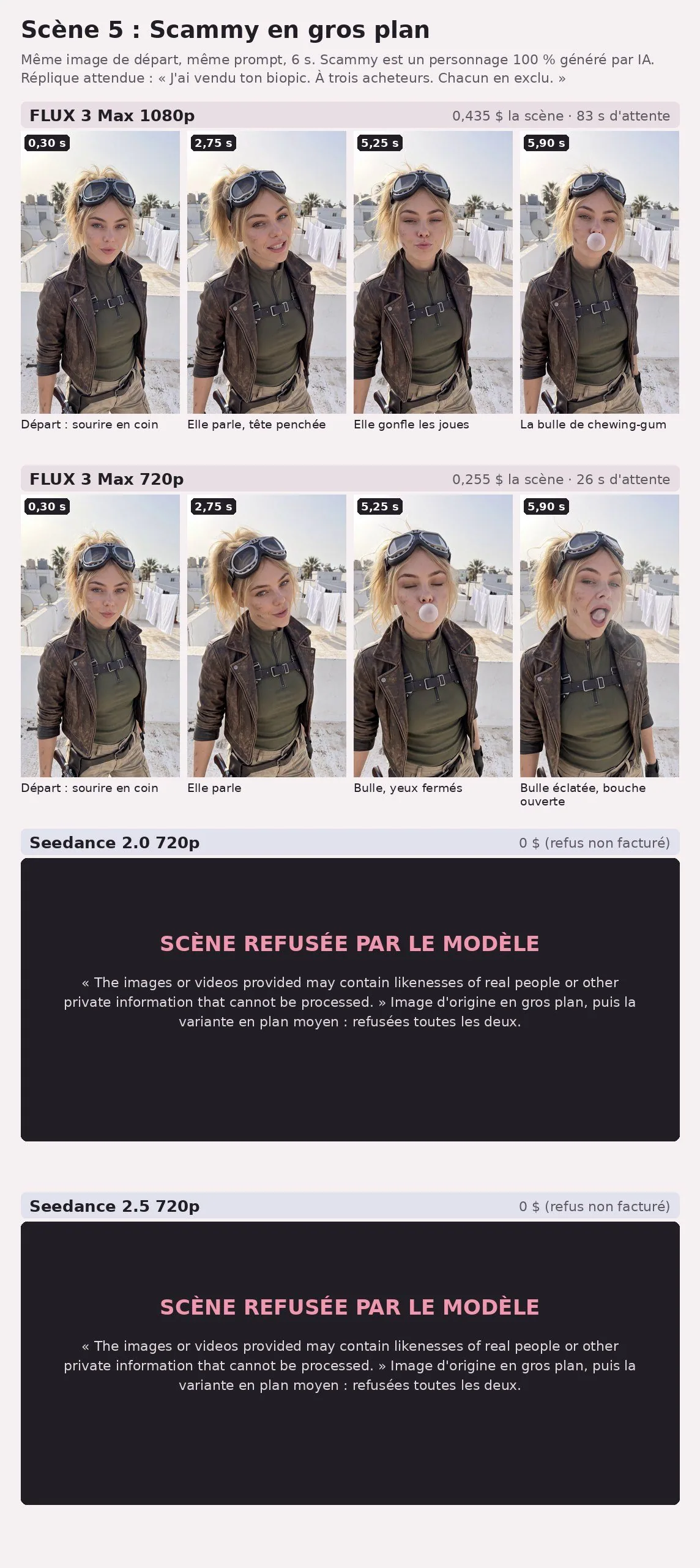 Planche sur fond rose pâle, titrée « Scène 5 : Scammy en gros plan », avec la réplique attendue. Ligne FLUX 3 Max 1080p (0,435 $, 83 s) : une jeune femme blonde en queue de cheval, lunettes d'aviateur sur la tête, veste en cuir marron et haut kaki à harnais, sur un toit au soleil ; sourire en coin (0,30 s), elle parle tête penchée (2,75 s), joues gonflées (5,25 s), bulle de chewing-gum (5,90 s). Ligne FLUX 3 Max 720p (0,255 $, 26 s) : sourire en coin, elle parle, bulle les yeux fermés (5,25 s), bulle éclatée, bouche ouverte (5,90 s). Lignes Seedance 2.0 et Seedance 2.5 : un carton sombre « Scène refusée par le modèle », 0 $ (refus non facturé), avec le message « The images or videos provided may contain likenesses of real people or other private information that cannot be processed. » et la mention : image d'origine en gros plan, puis la variante en plan moyen, refusées toutes les deux.