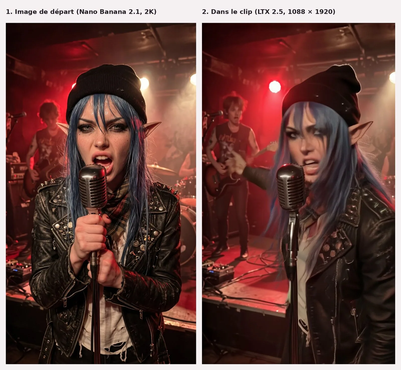 À gauche, l'image de départ : White Rose, longs cheveux bleus, oreilles pointues d'elfe, bonnet noir, veste de cuir cloutée, foulard écossais, chante bouche grande ouverte dans un micro rétro, sur une scène baignée de lumière rouge, un guitariste flou derrière elle. À droite, une image du clip, même scène : White Rose tourne la tête, un bras tendu vers la gauche, les mèches en mouvement ; l'image est plus douce, la veste moins nette.