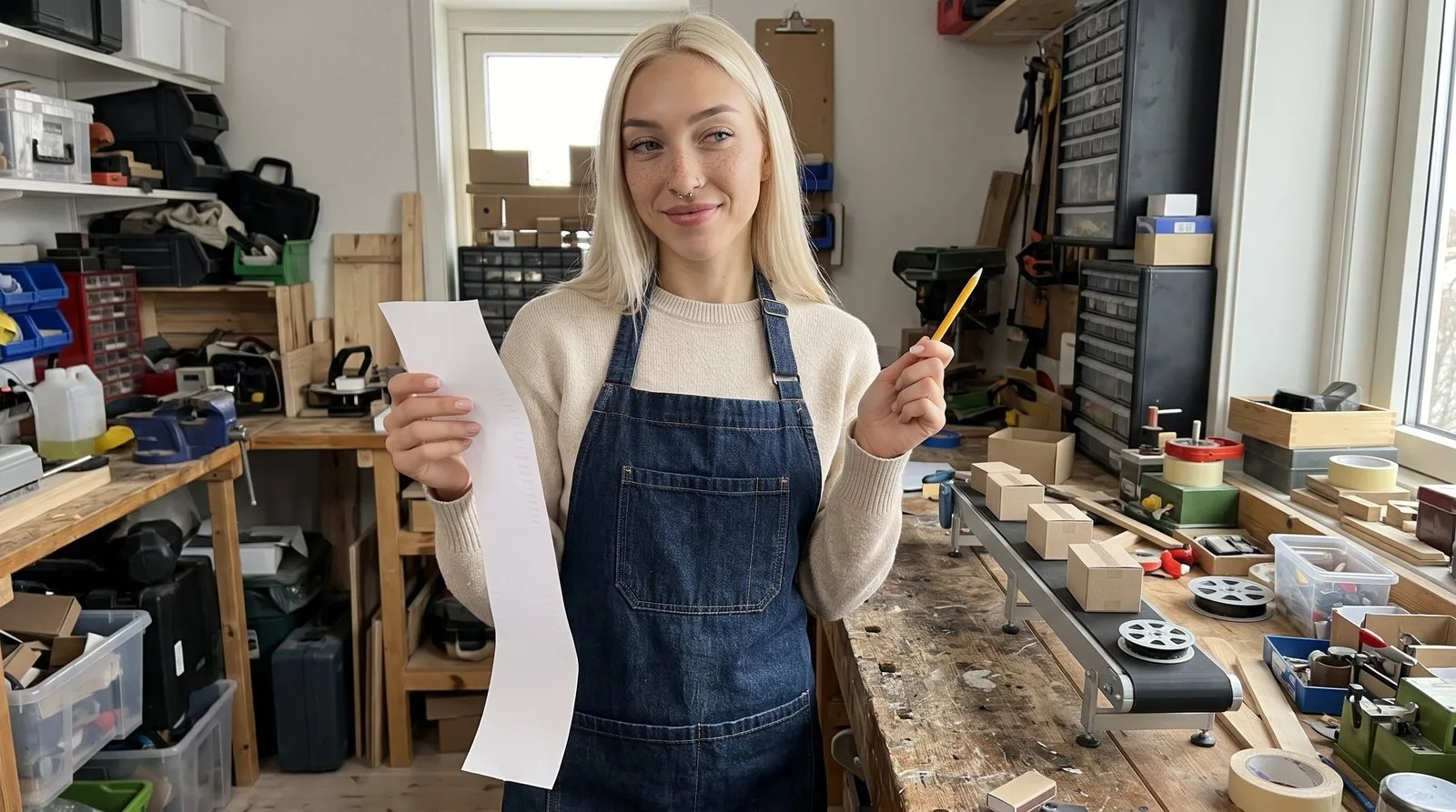 Kira en tablier de toile bleue dans un petit atelier, un long ticket de caisse sans rien de lisible dans une main et un crayon dans l'autre, à côté d'un tapis roulant miniature chargé de cartons et de bobines de film
